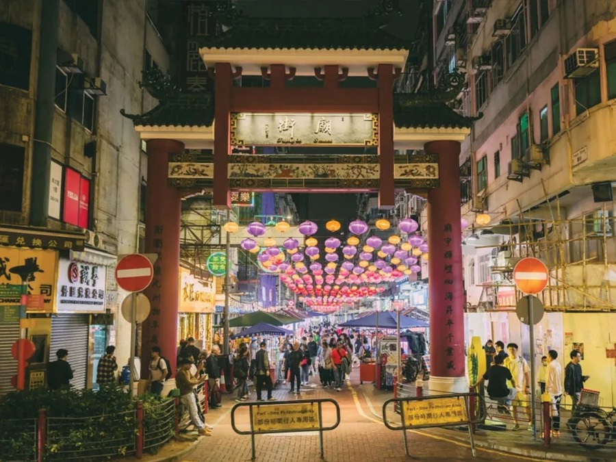 Temple Street Night Market gate with lanterns