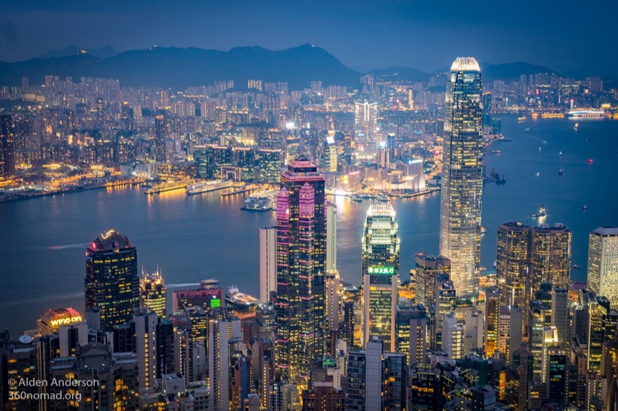 Night view of Hong Kong Island and Victoria Harbour from The Peak